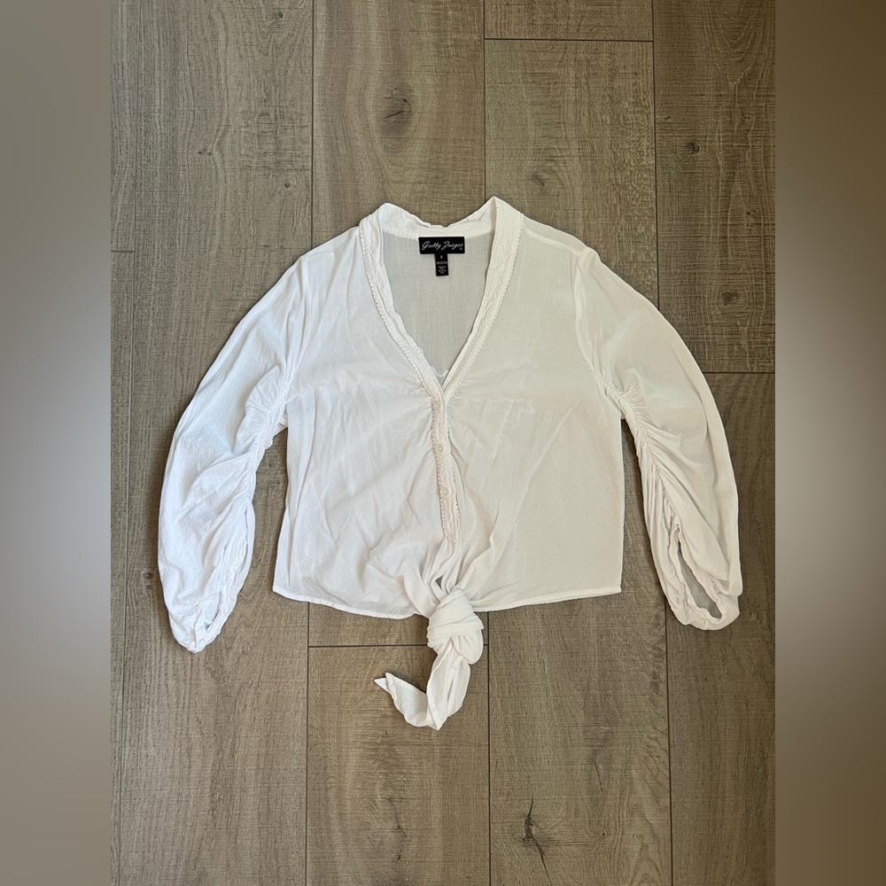 NWOT Gretty Zueger White Tie-Front Embroidered Blouse Size Small